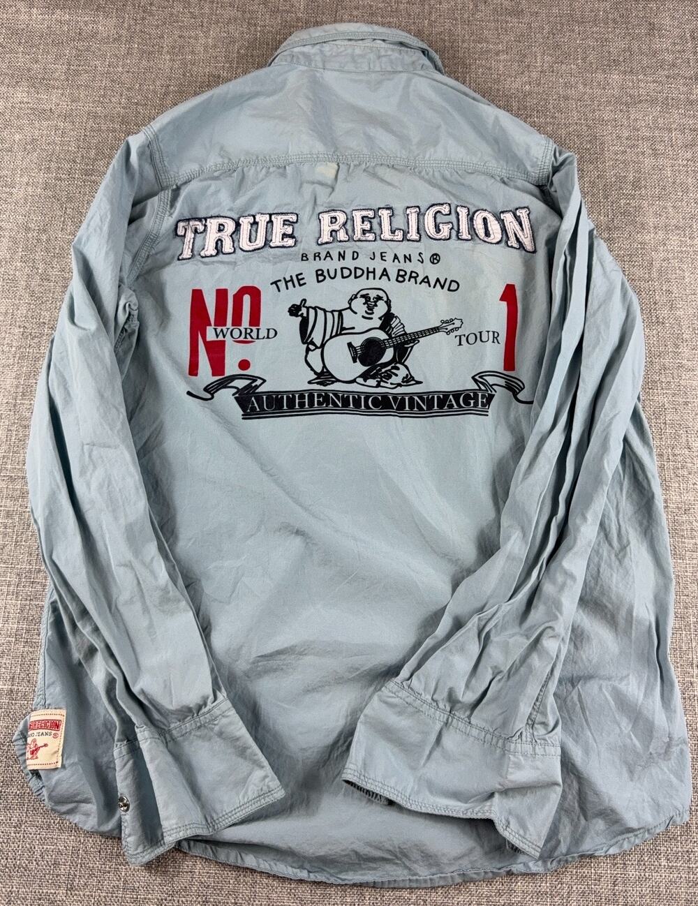 True Religion Made USA Western Snap Shirt Buddha World Tour Womens Blue Size S